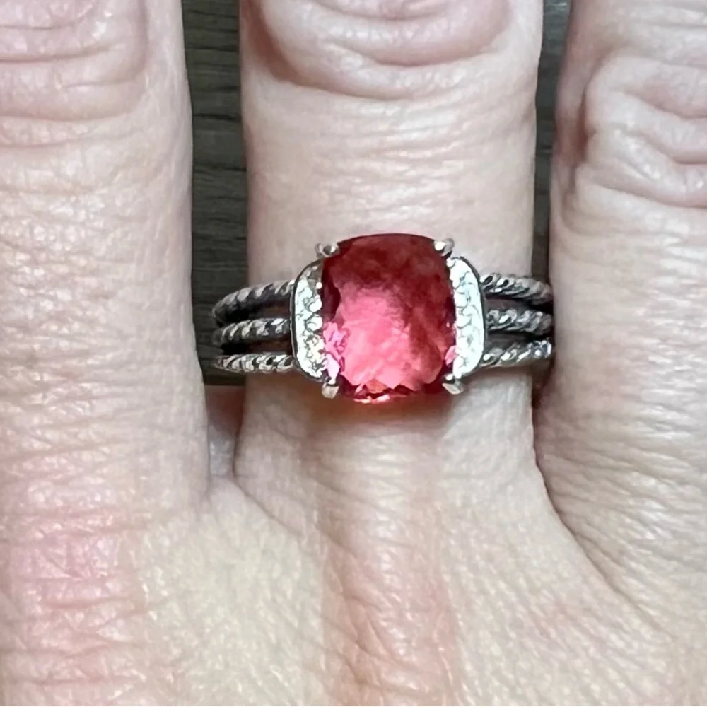 David Yurman Sterling Silver Petite Wheaton 10x8mm Pink Tourmaline/Diamond Ring - Picture 6 of 8